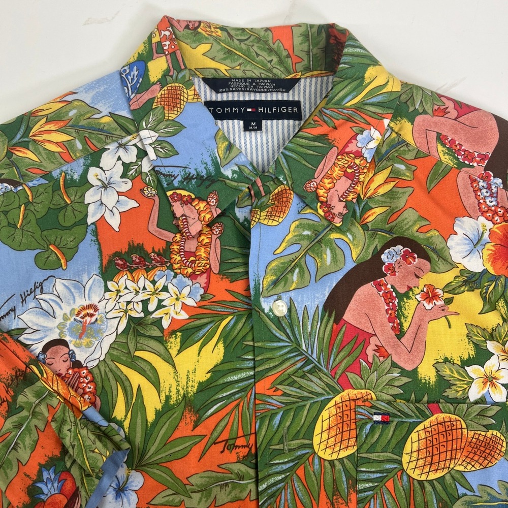 Vintage Tommy Hilfiger Mens M Hawaiian Hula Girl Pineapple Button Up Shirt‎